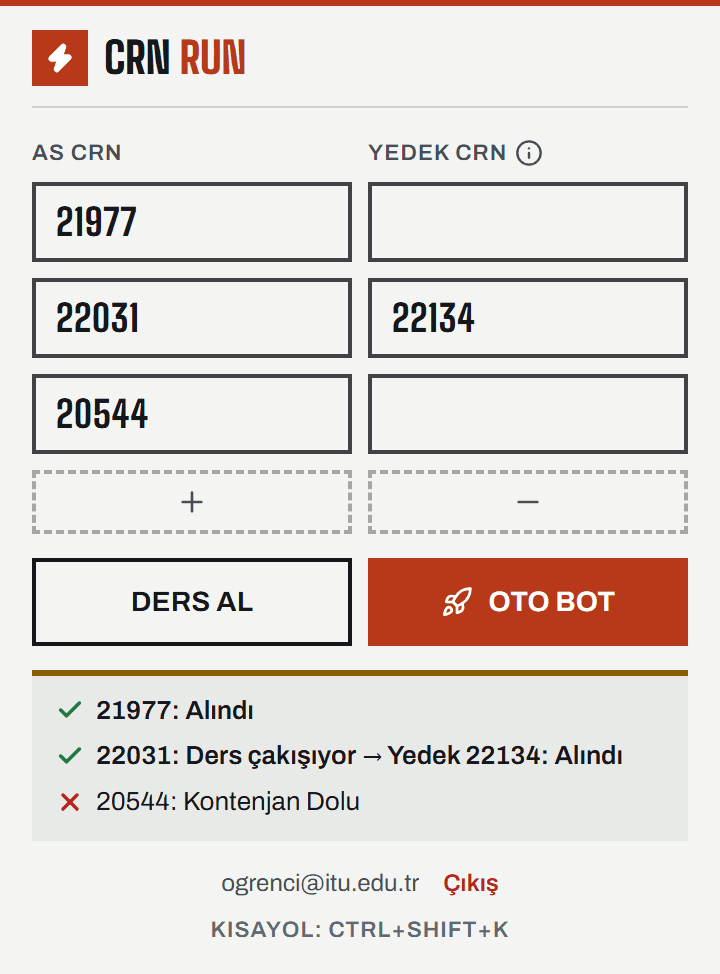 DERS AL sonrası popup: 21977 alındı, 22031 ders çakıştığı için yedek 22134 alındı, 20544 kontenjan dolu.