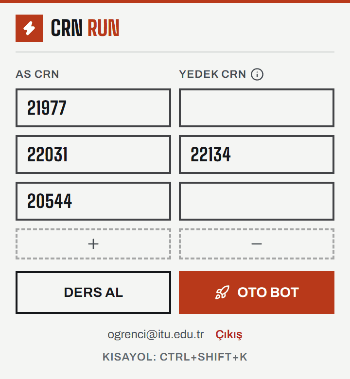Hesap bağlandıktan sonra CRN RUN popup'ı; altta bağlı e-posta adresi görünüyor.